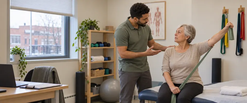 Un physiothérapeute explique un exercice à une femme qui lève le bras avec un élastique, assise sur une table de traitement.