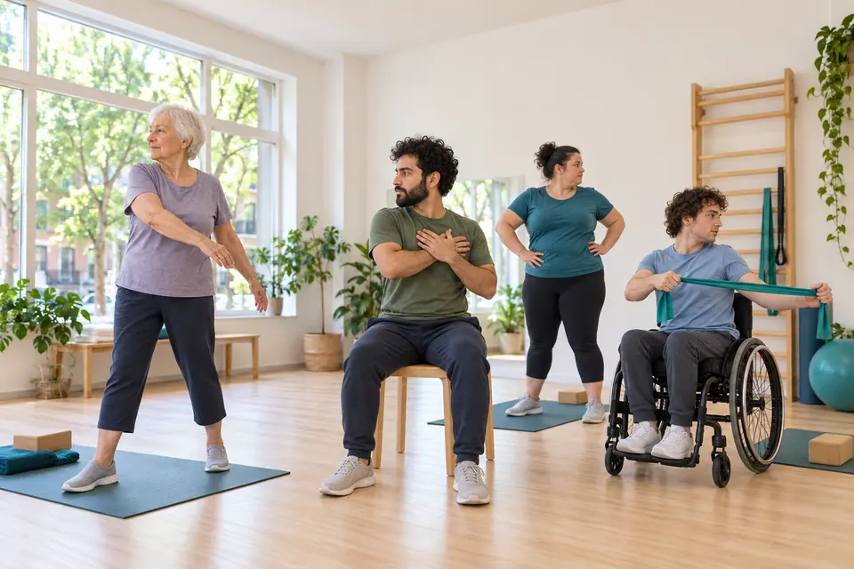 Quatre adultes font un mouvement de rotation dans un petit cours de groupe.