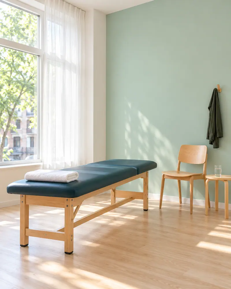 Une salle de traitement calme avec une table, une chaise et une fenêtre lumineuse.